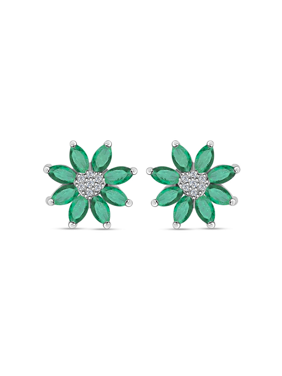 Silver Flower Stud Earrings In Green Emerald