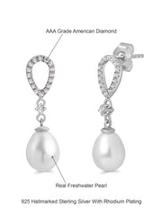 925 Silver Pearl and American Diamond Dangle Earrings For Women