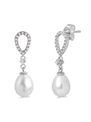 925 Silver Pearl and American Diamond Dangle Earrings For Women