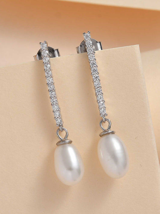 Ornate Jewels 925 Silver And American Diamond Pearl Danglers