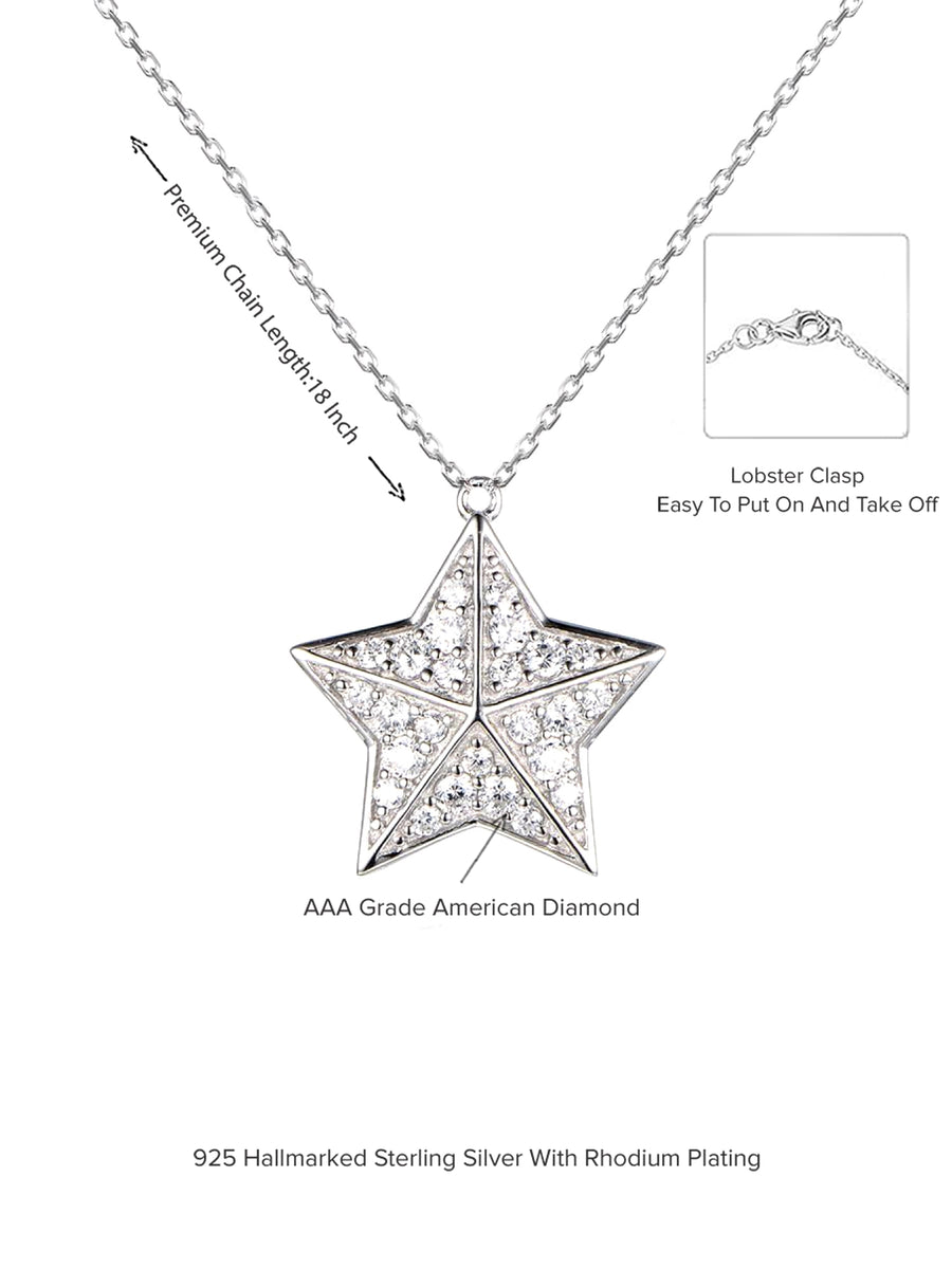 925 Sterling Silver Star American Diamond Pendant With Chain-4