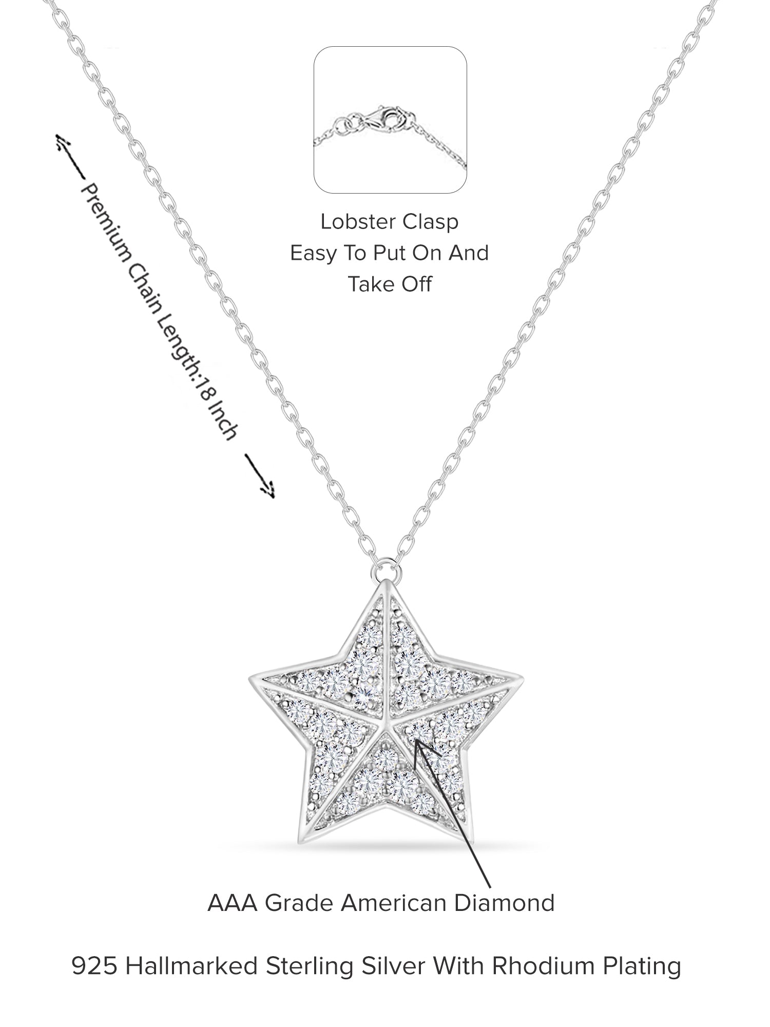 925 Sterling Silver Star American Diamond Pendant With Chain-3