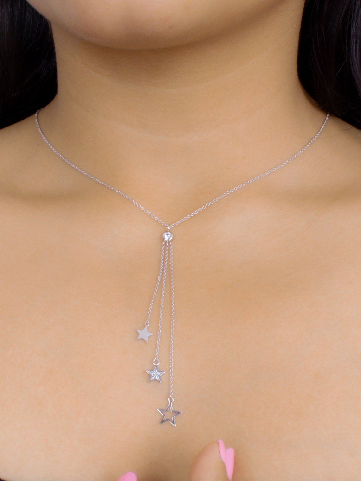 American Diamond Three Row Lariat Necklace In Silver-2