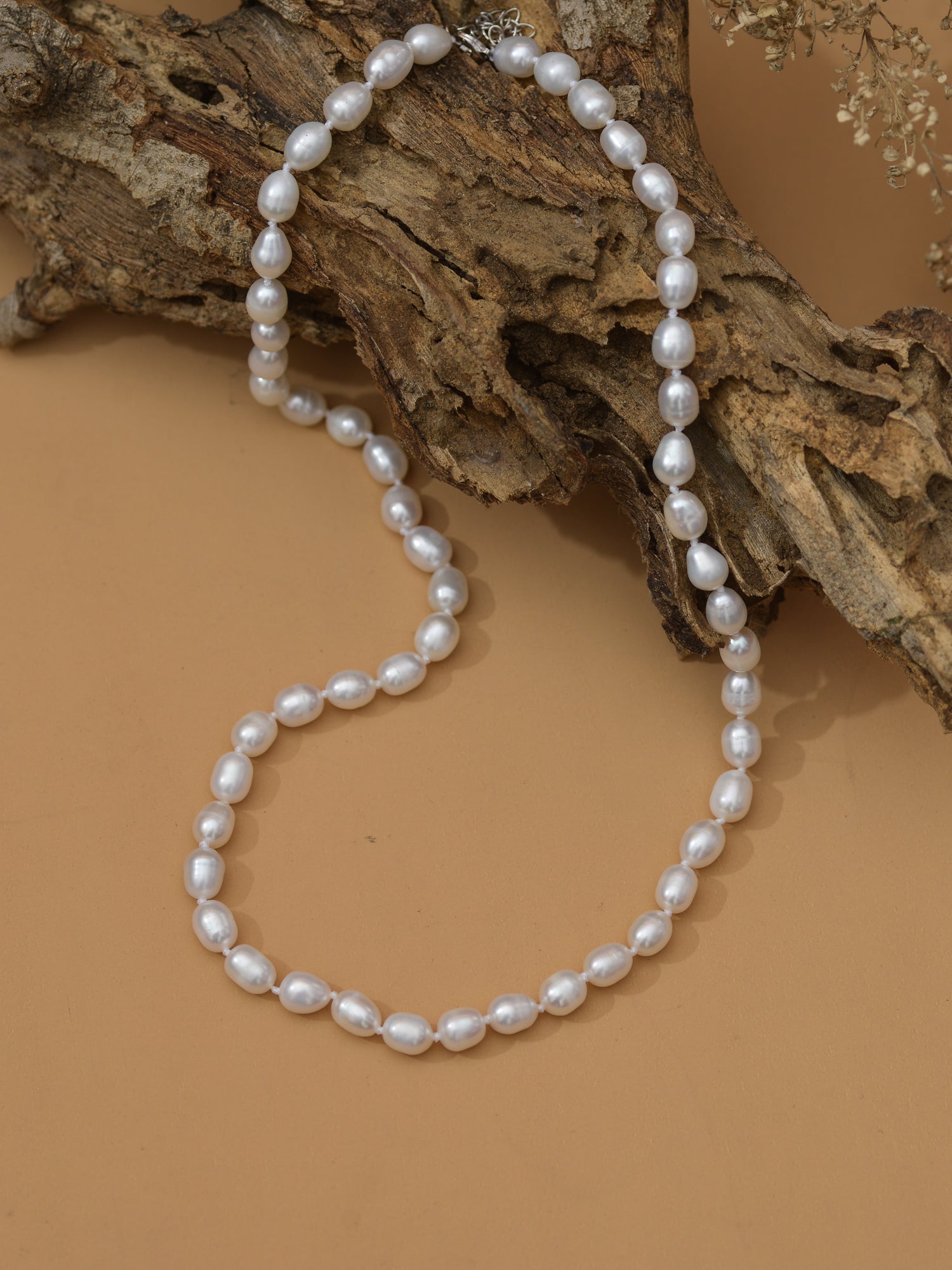 Freshwater Rice Pearl 18 Inches Silver Necklace