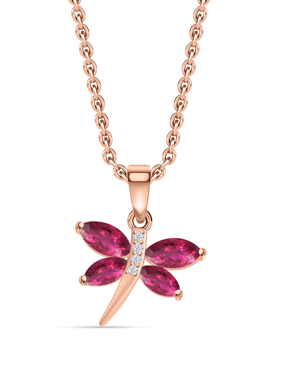 Rose Gold Red Ruby Butterfly Pendant With Chain