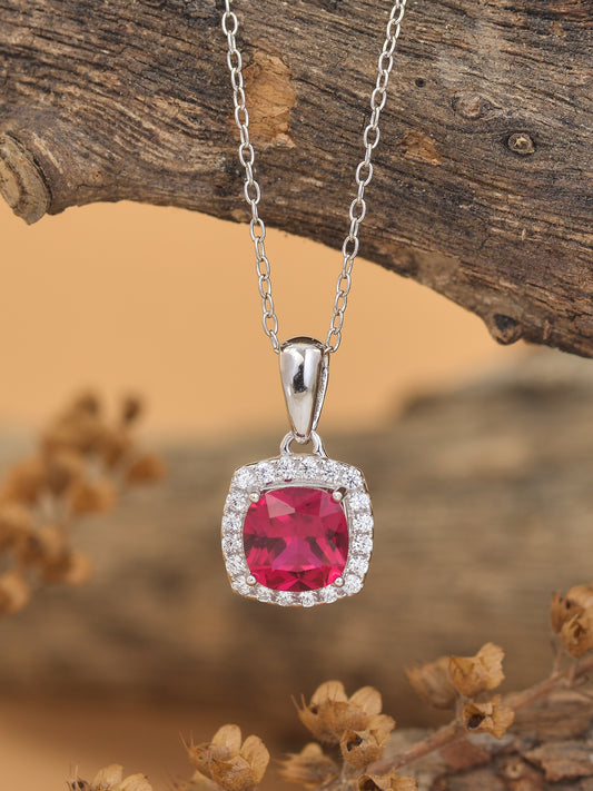 CUSHION CUT RED RUBY PENDANT WITH 925 SILVER CHAIN