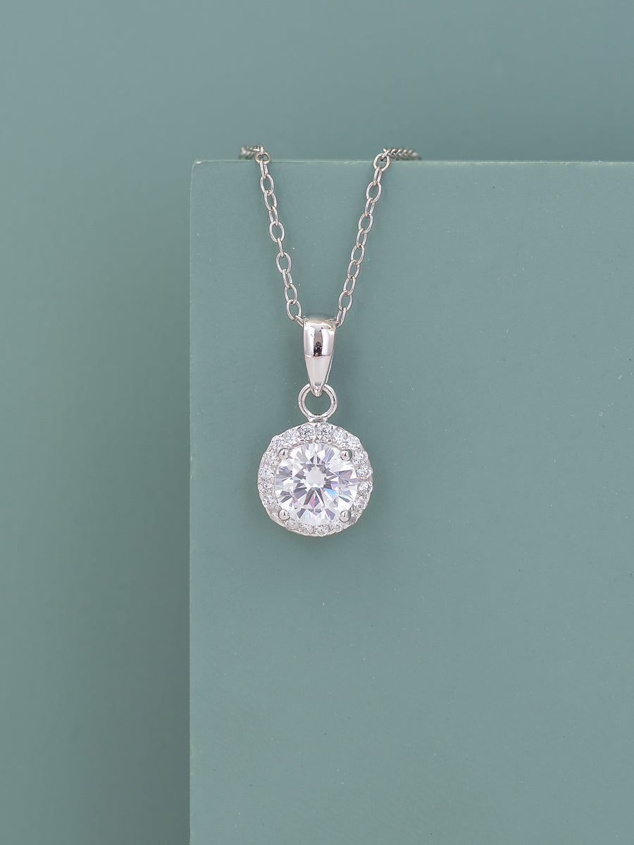 Sterling Silver American Diamond Halo Pendant With Chain