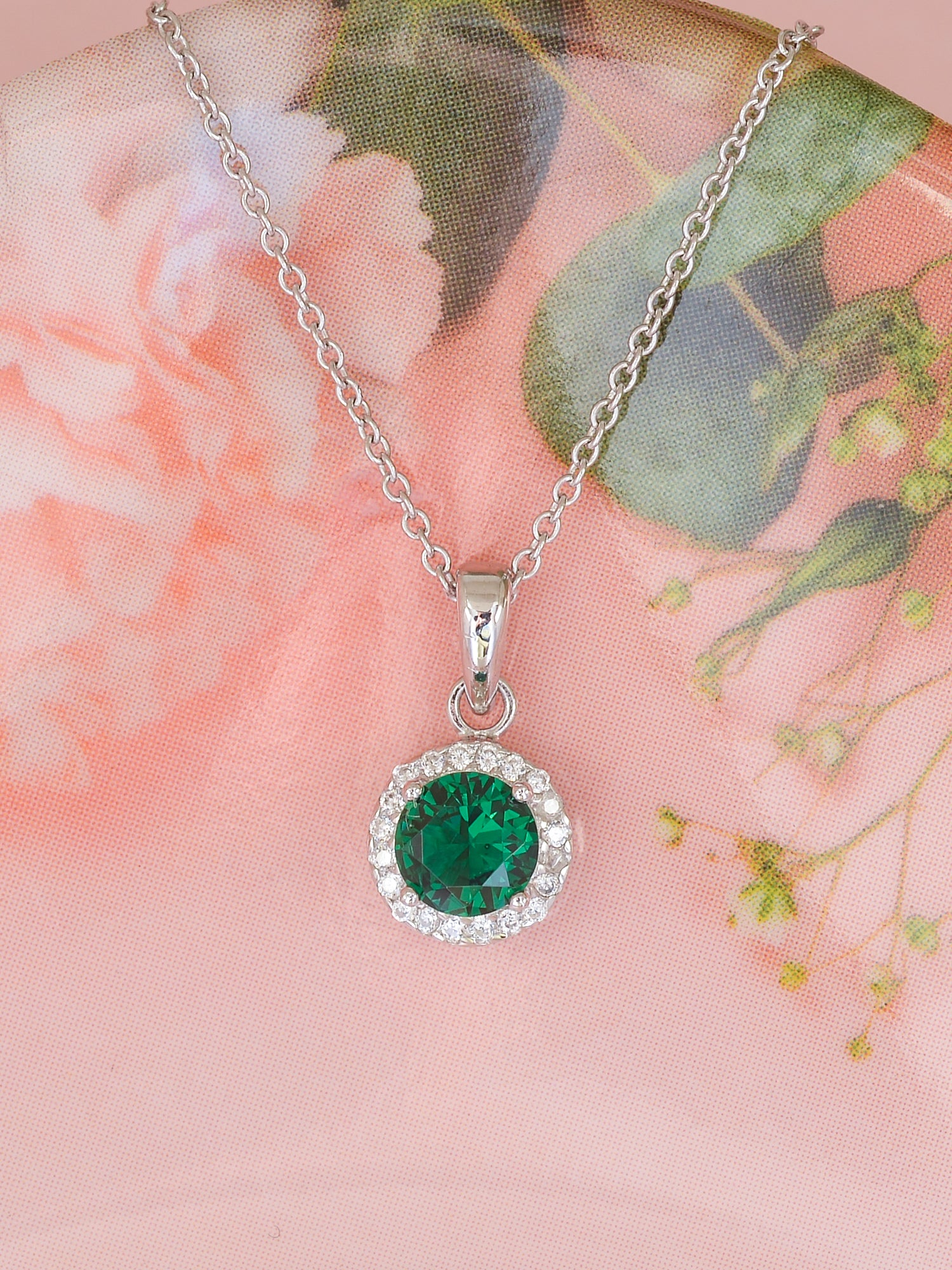 Sterling Silver Green Emerald Halo Necklace With Chain