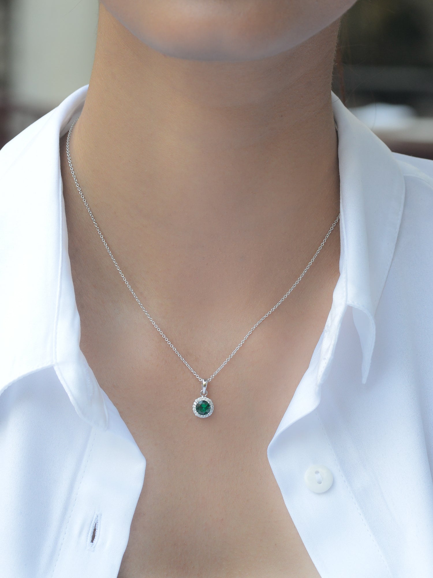 Sterling Silver Green Emerald Halo Necklace With Chain-1