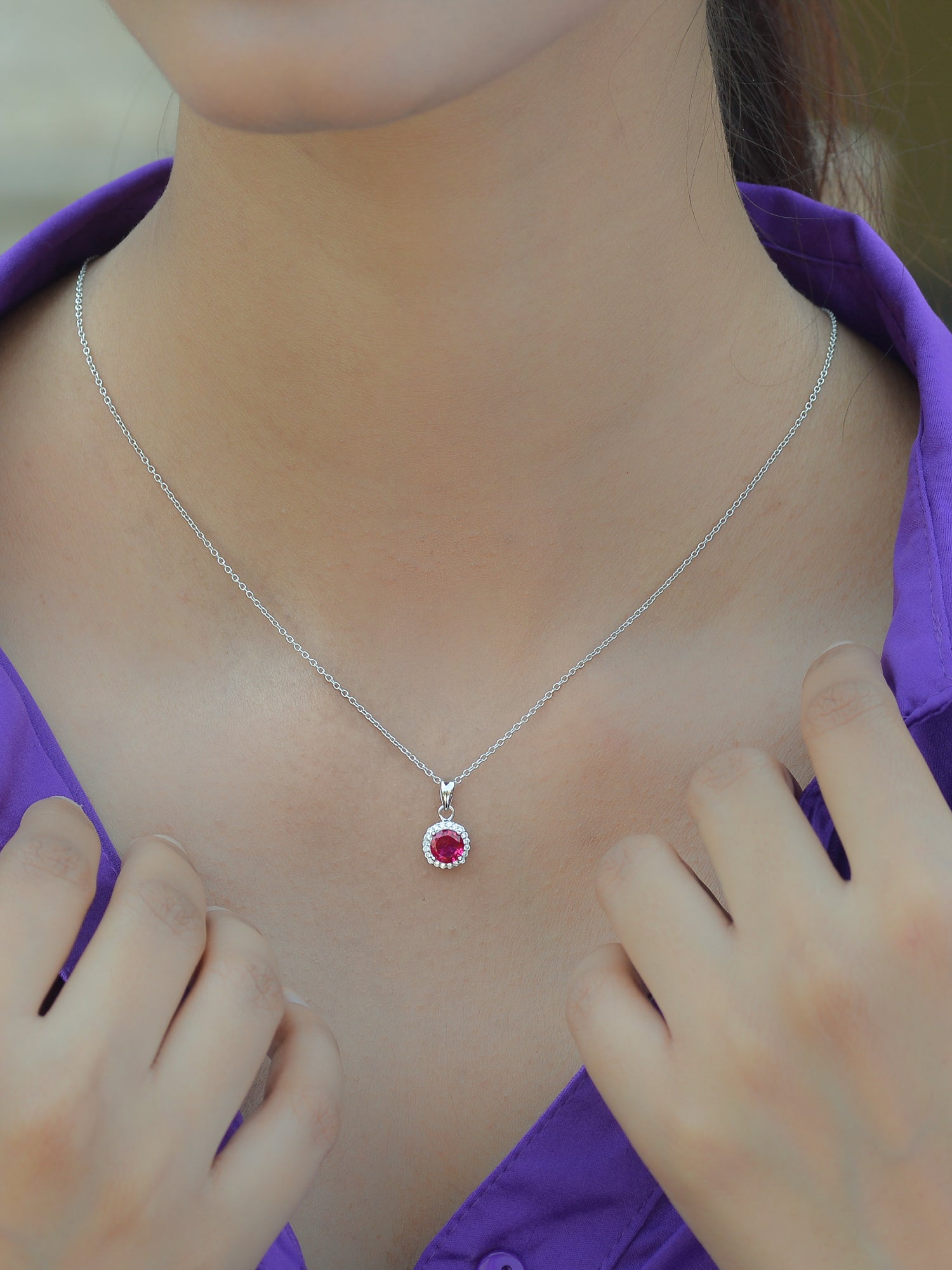 Sterling Silver Red Ruby Halo Necklace With Chain-1