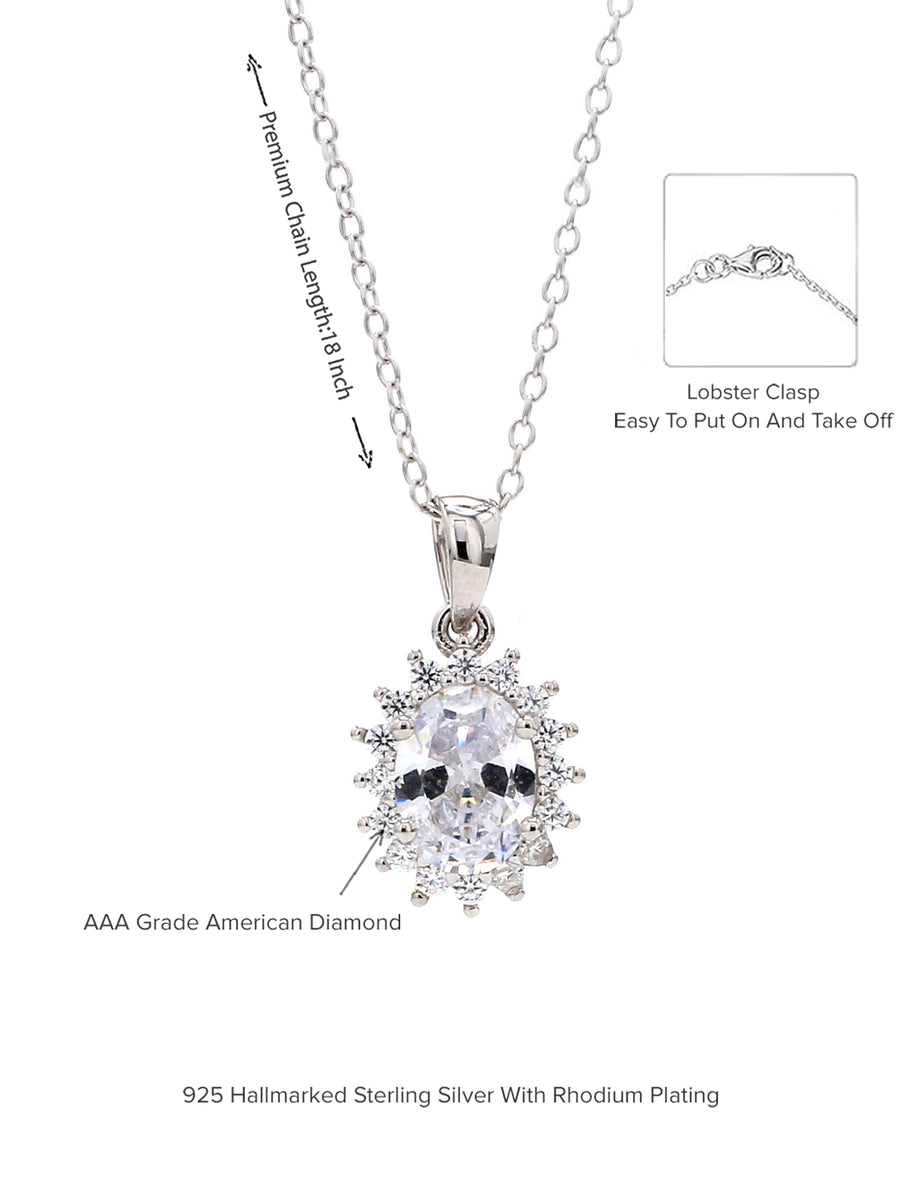 Sterling Silver 1.5 Carat American Diamond Halo Oval Necklace-4