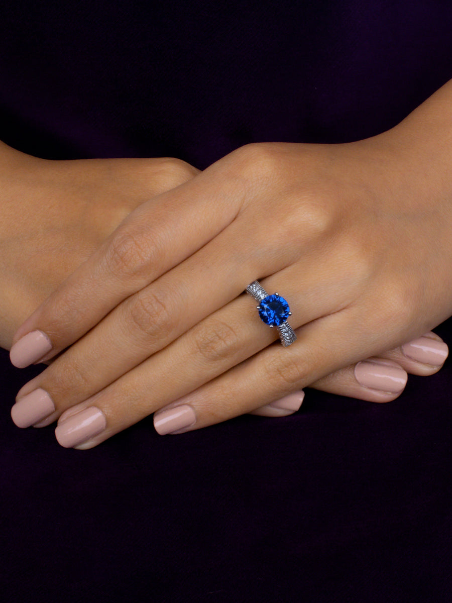 Ornate Jewels Blue Sapphire Silver Solitaire Ring For Women