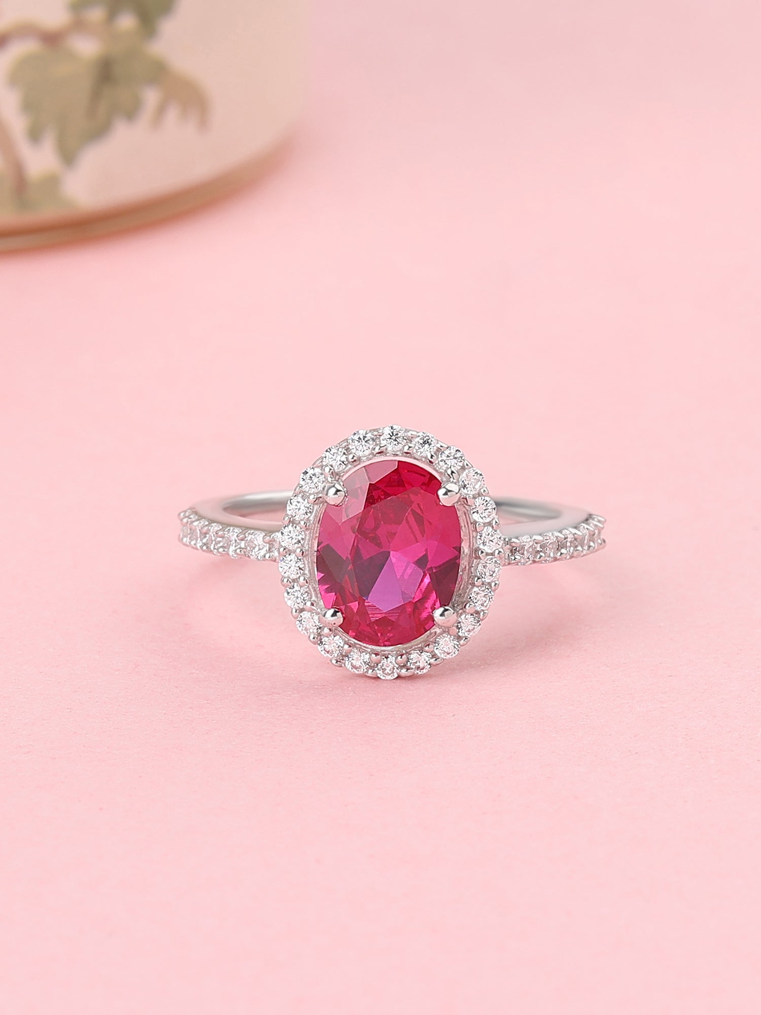 Red Ruby And American Diamond Halo Ring In 925 Silver-1