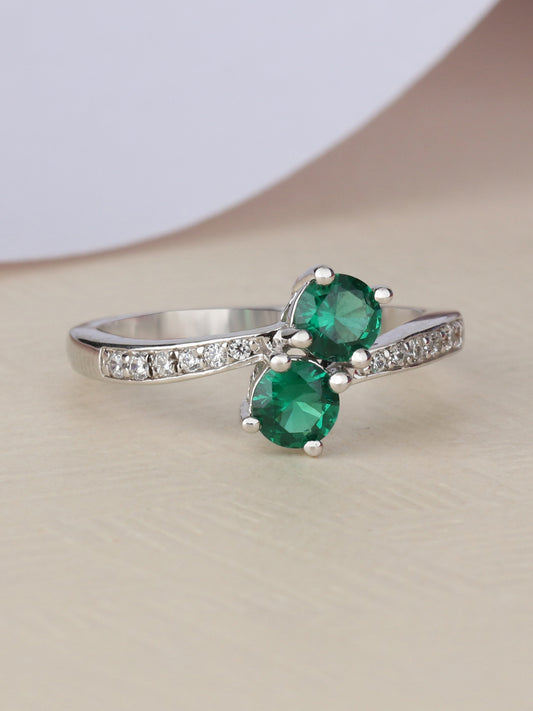 DOUBLE SOLITAIRE EMERALD SILVER RING-8