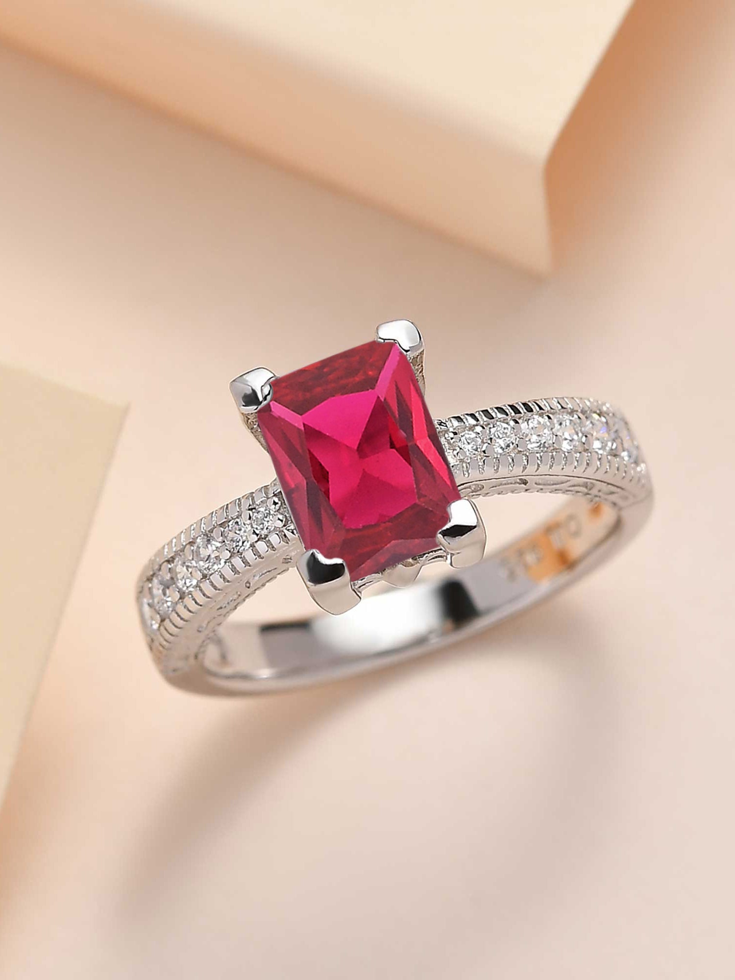 Red Ruby And American Diamond Engagement Ring In 925 Silver