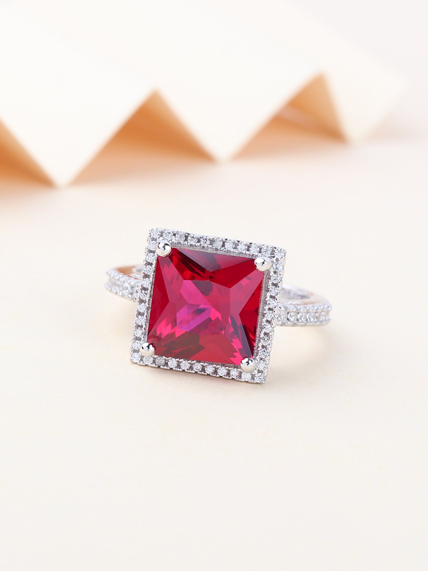 Red Ruby And American Diamond Princess Cut Party Wear Ring In 925 Sterling Silver