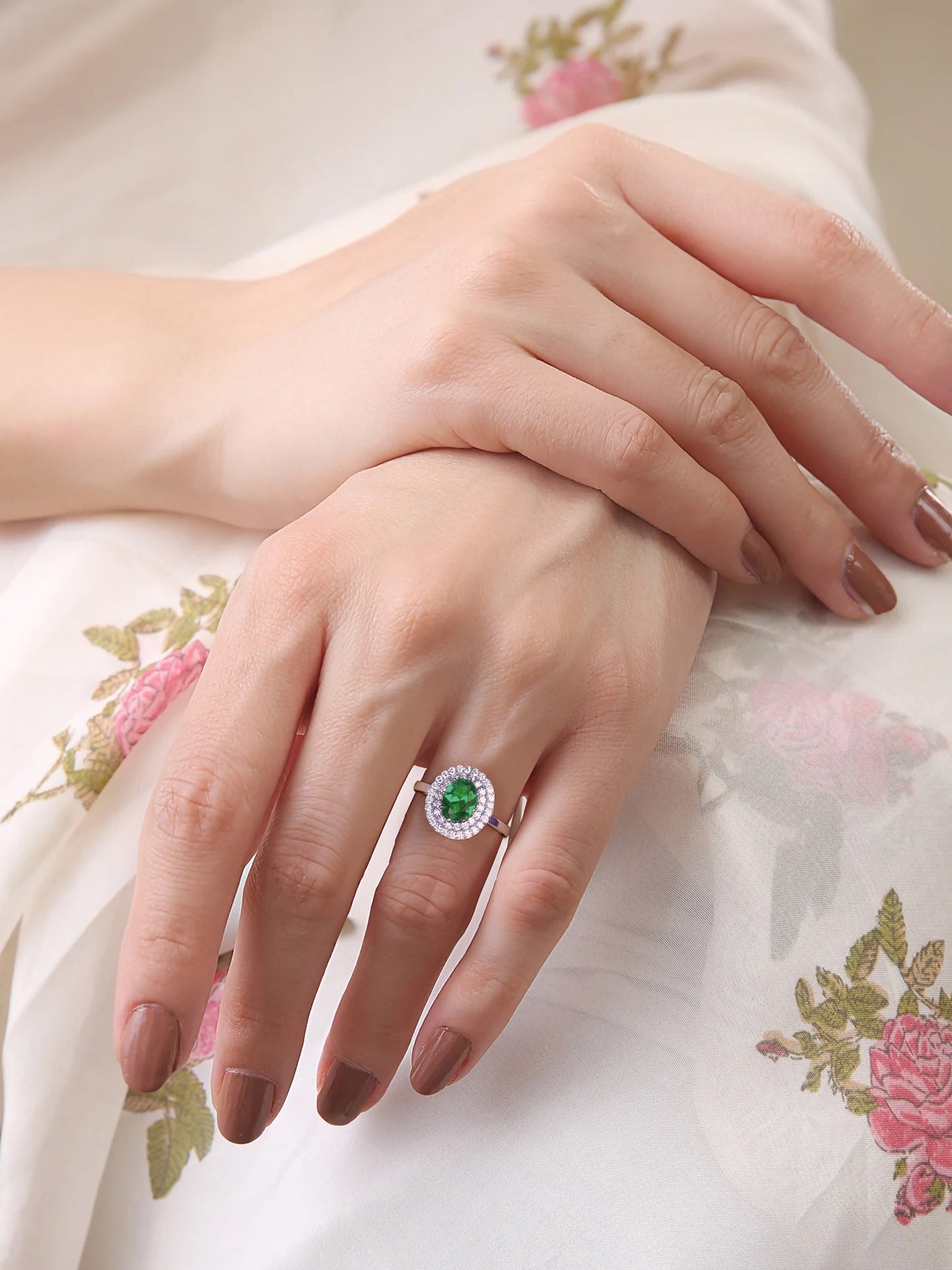 ORNATE JEWELS EMERALD SOLITAIRE HALO RING-3