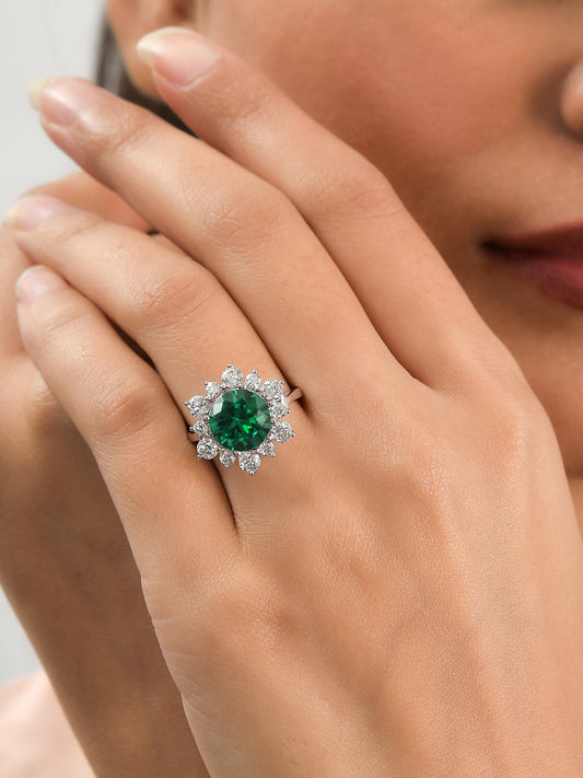 3.5 Carat Emerald Flower Ring In 925 Silver