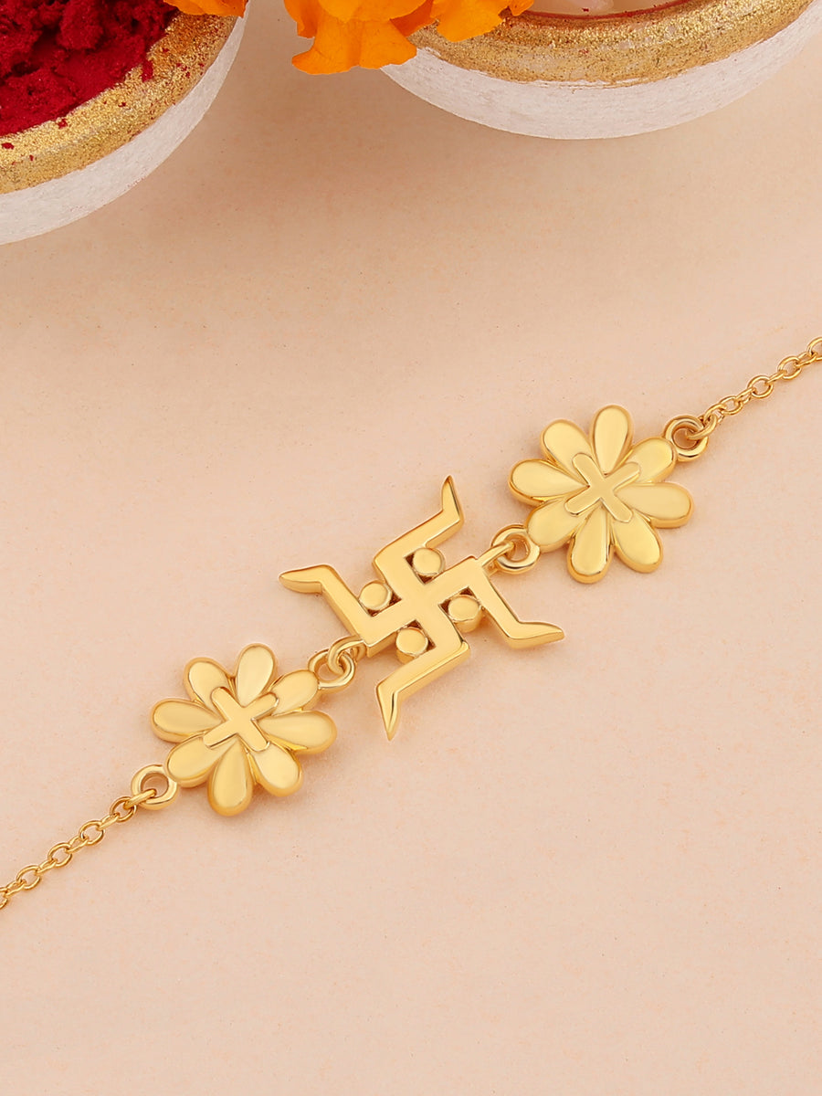 Gold Plated Floral Swastik Rakhi Cum Bracelet