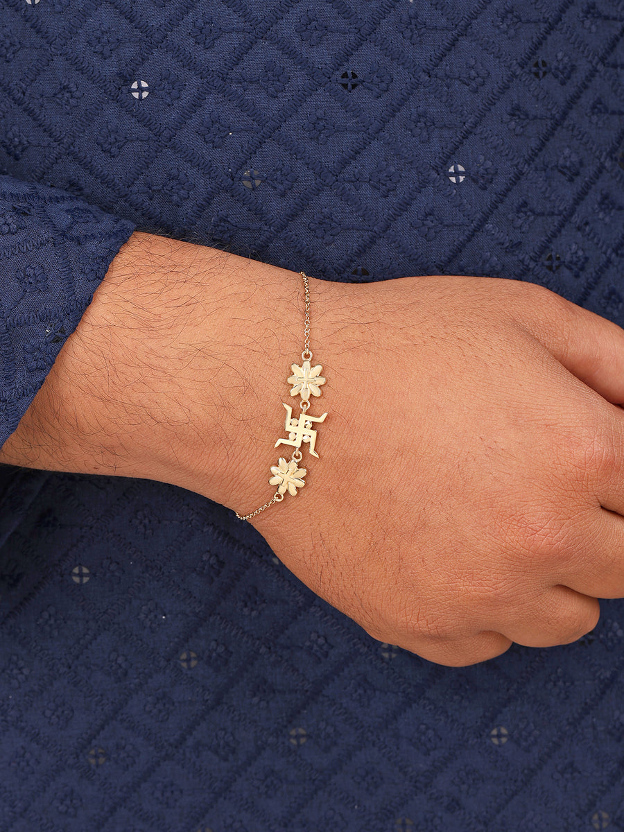 Gold Plated Floral Swastik Rakhi Cum Bracelet-1