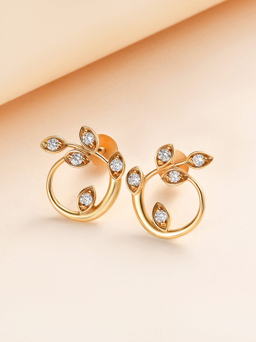 Lush Leaf Diamond Stud Earrings in 14K Gold-1