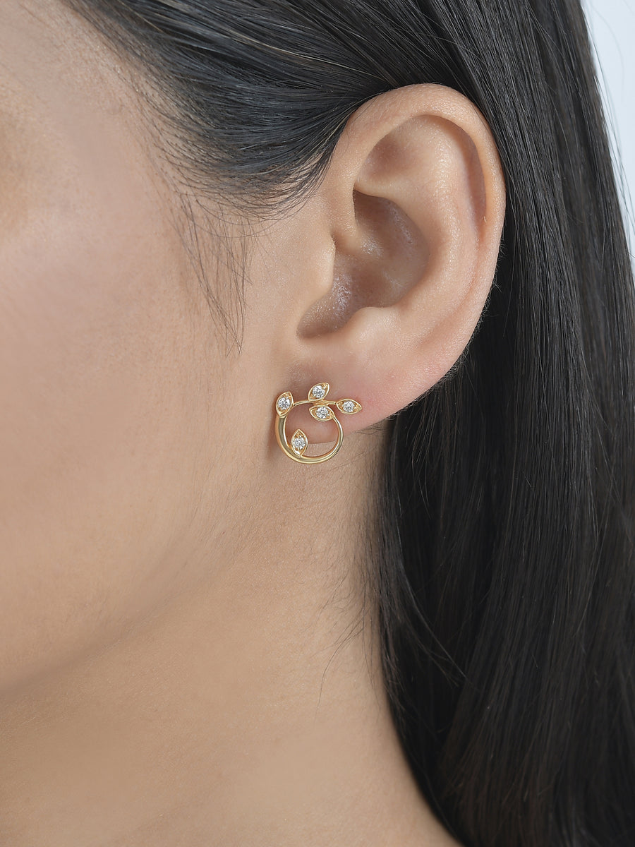 Lush Leaf Diamond Stud Earrings in 14K Gold-2