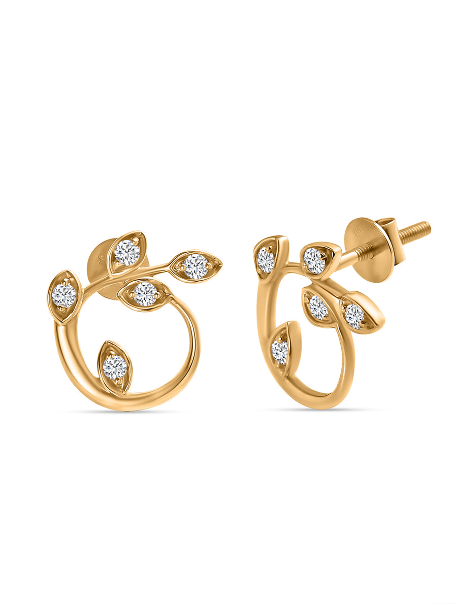 Lush Leaf Diamond Stud Earrings in 14K Gold