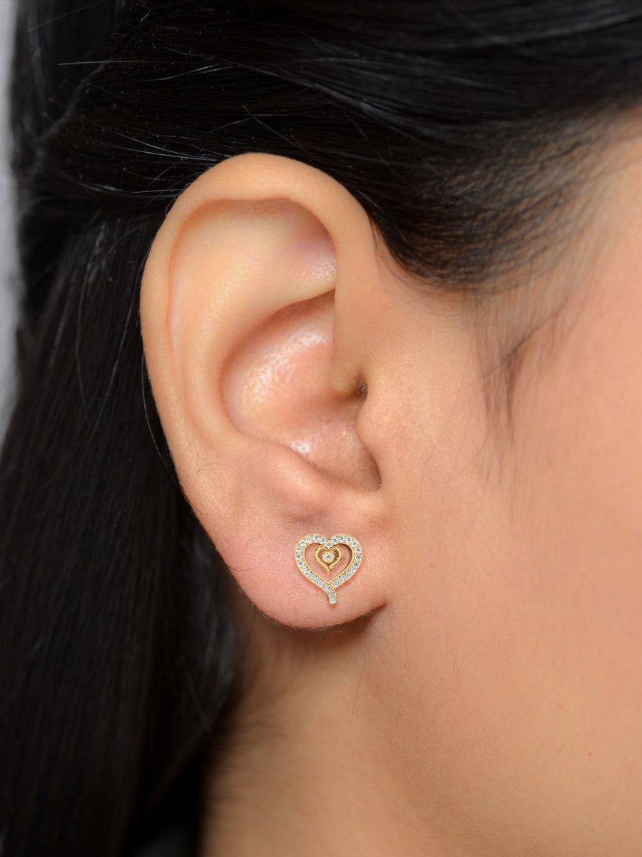 Romance Twin Hearts Diamond Earrings In Yellow Gold_3