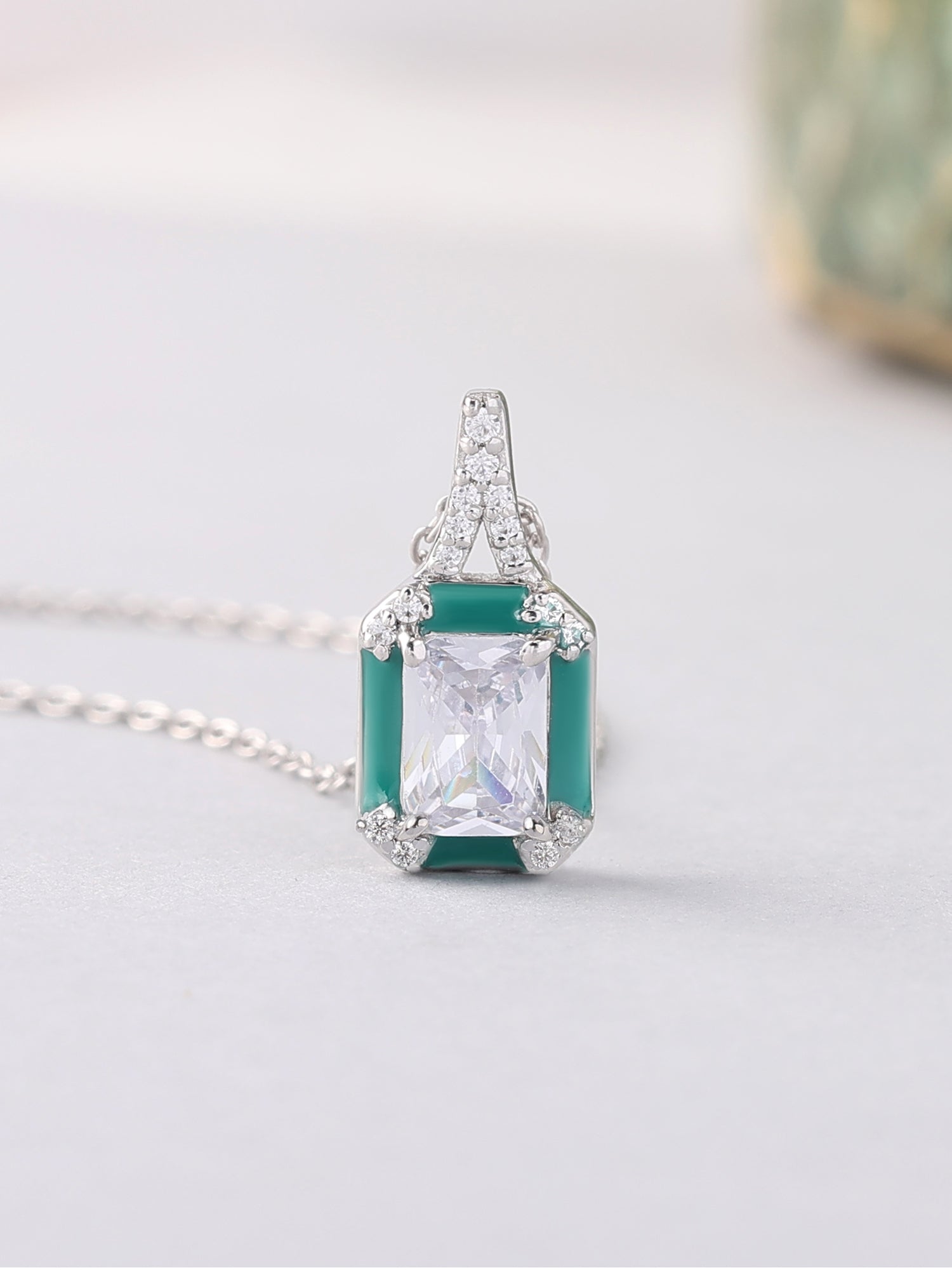 Vintage Green Enamelled Pendant With Chain