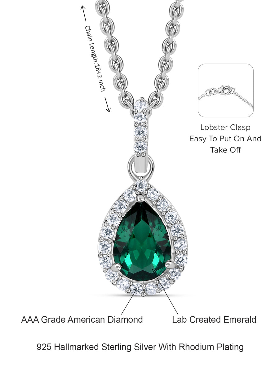 Pear Shape Emerald Halo Pendant With Silver Chain-5