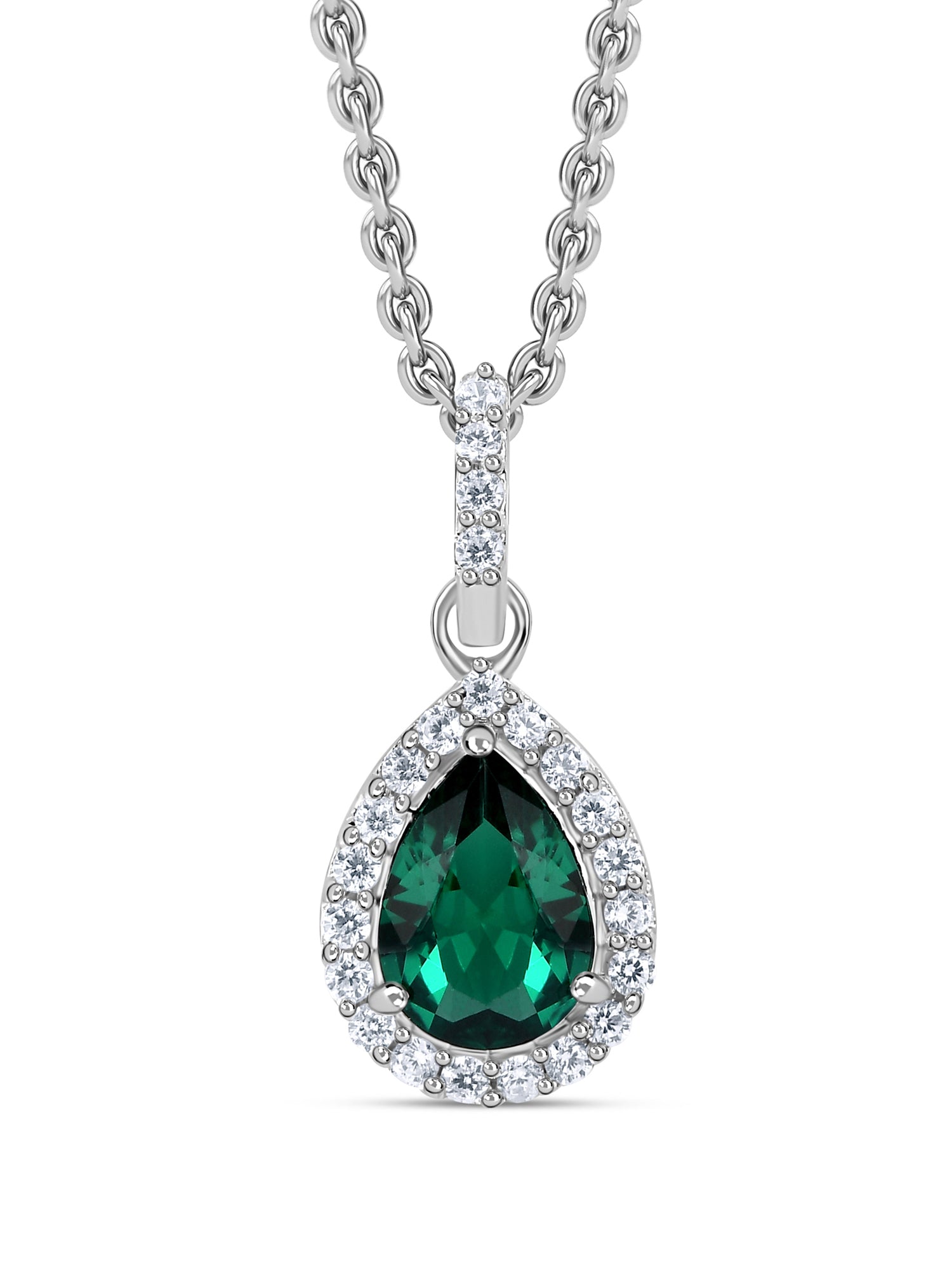 Pear Shape Emerald Halo Pendant With Silver Chain