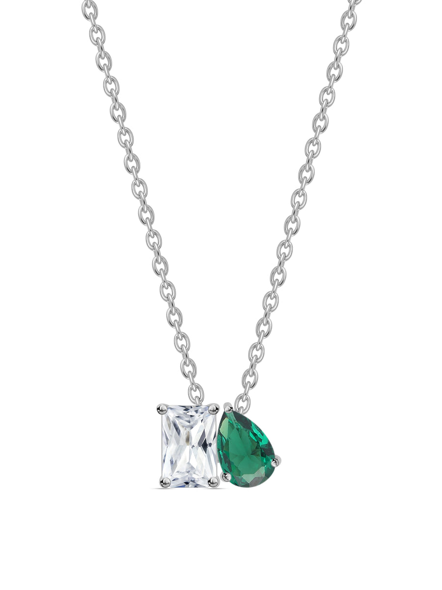 Toi Et Moi Green CZ Pendant With Silver Chain