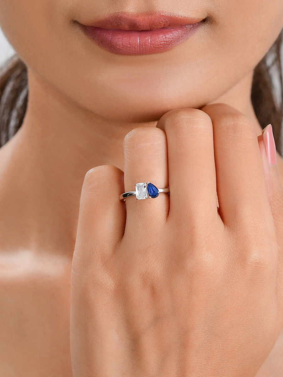 Toi Et Moi Blue Sapphire Silver Ring with model