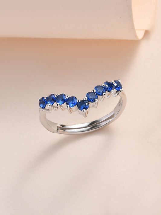 Synthetic Blue Sapphire Adjustable Chevron Rings In 925 Silver