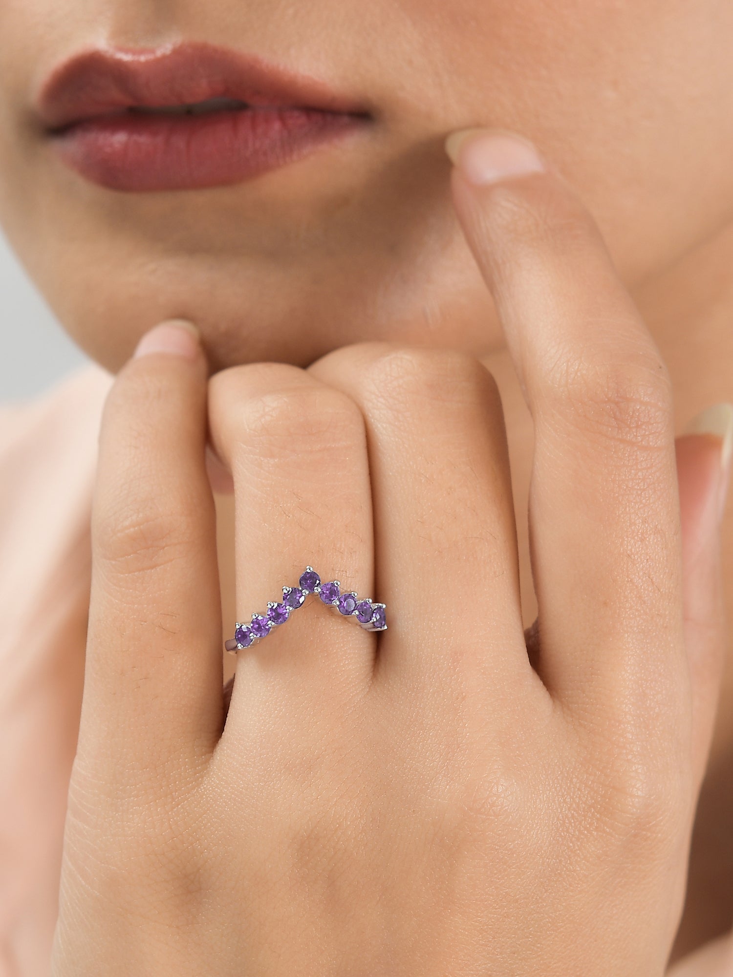 Synthetic Amethyst Adjustable Chevron Rings In 925 Silver