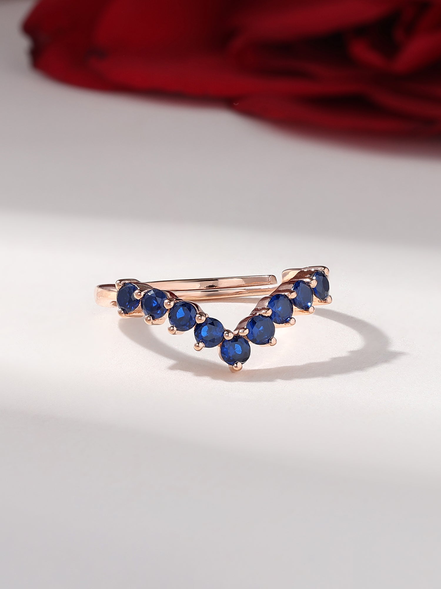 Rose Gold Lab Created Blue Sapphire Adjustable Chevron Ring In 925 Silver