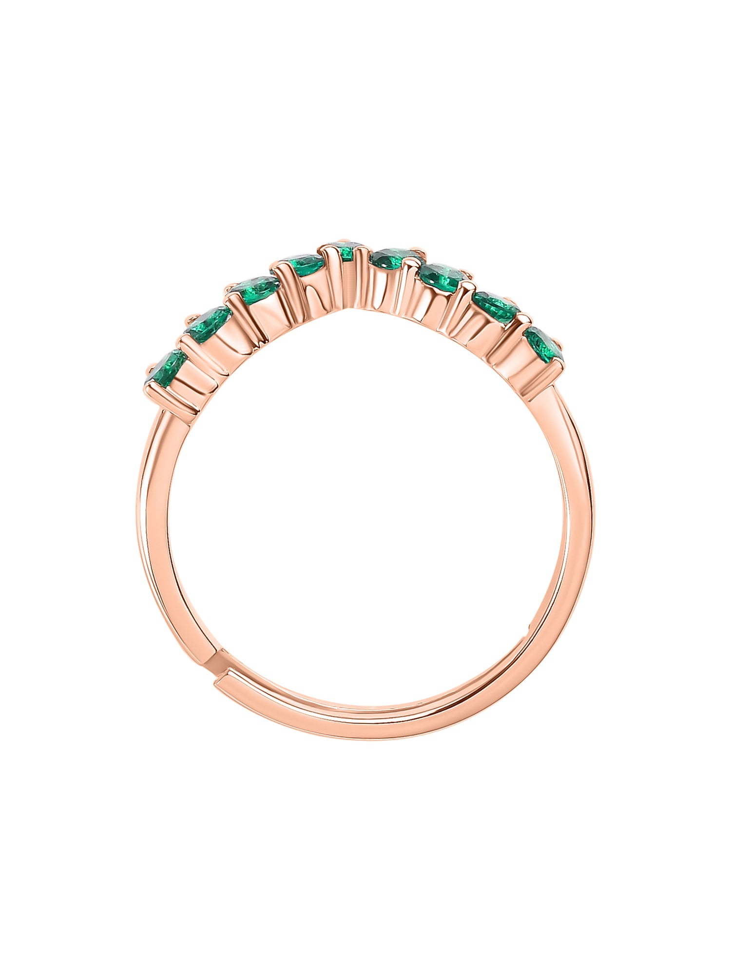 Rose Gold Synthetic Emerald Adjustable Chevron Ring In 925 Silver