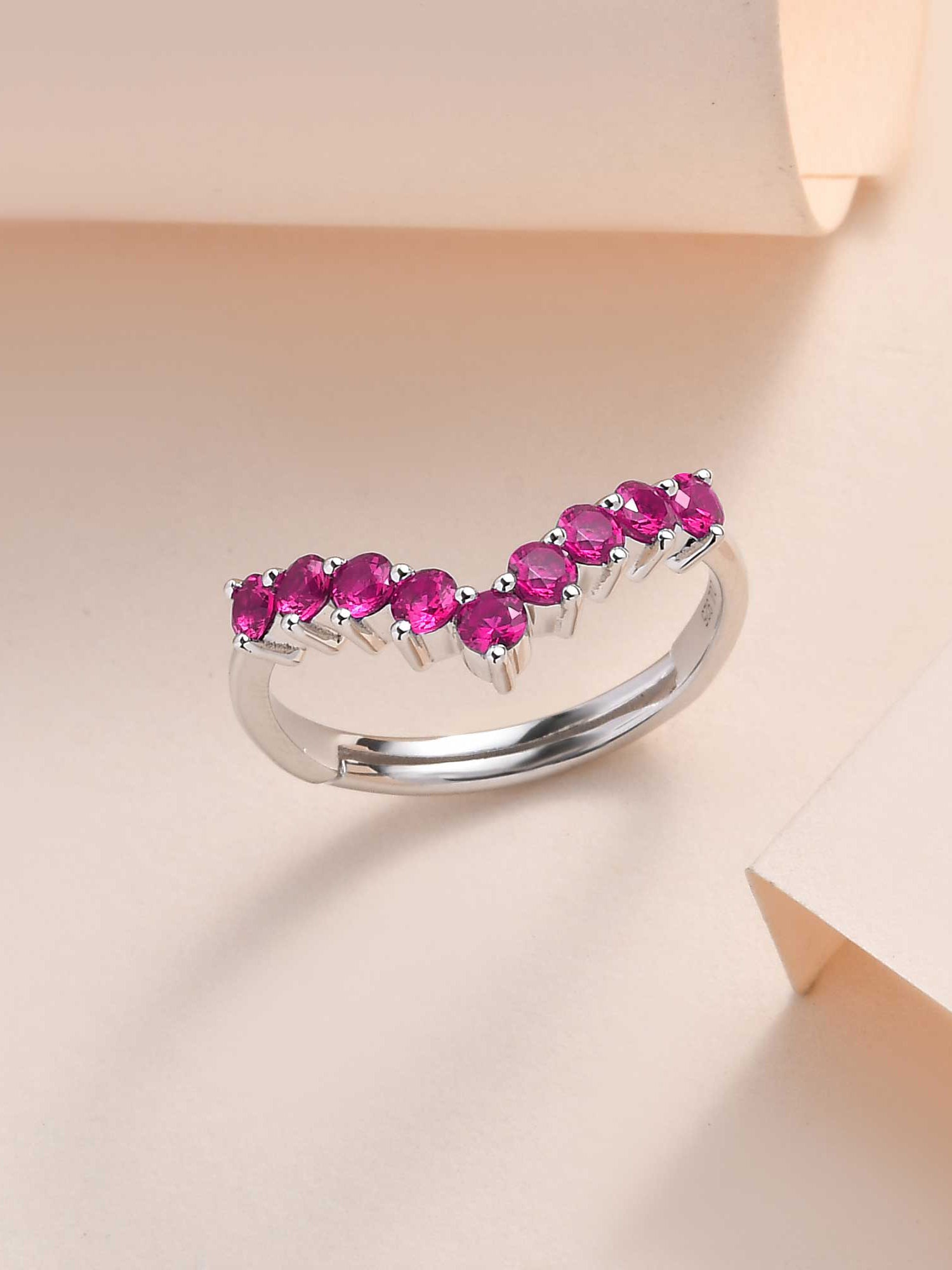 Synthetic Red Ruby Adjustable Chevron Rings In 925 Silver