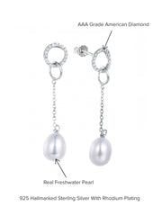 Natural Freshwater Pearl And Diamond Drop Earrings In 925 Silver