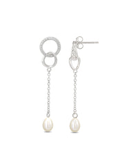 Natural Freshwater Pearl And Diamond Drop Earrings In 925 Silver