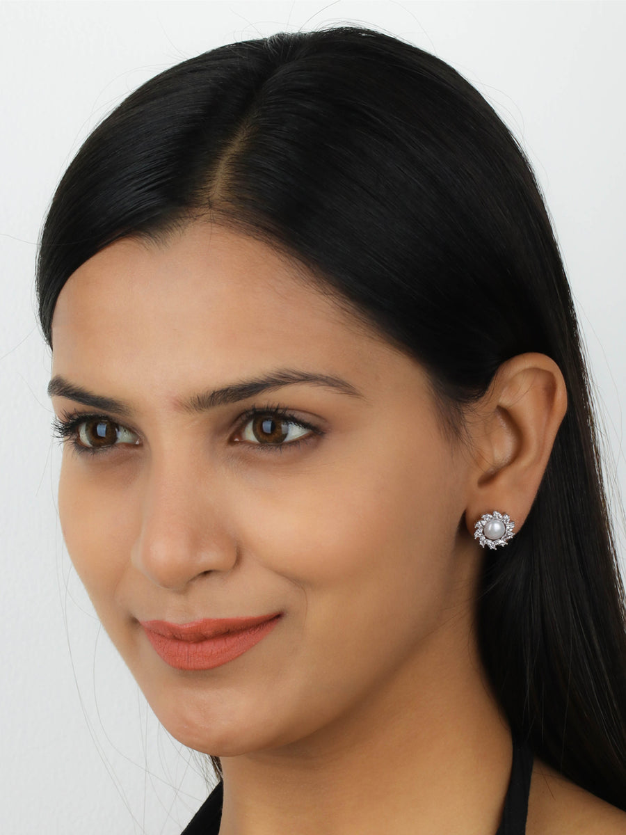 Natural Freshwater Pearl And Diamond Halo Earrings In 925 Silver