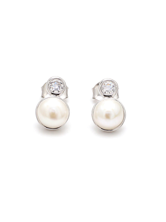DEAL OF THE MONTH - REAL FRESHWATER PEARL AND DIAMOND STUD EARRING IN 925 SILVER