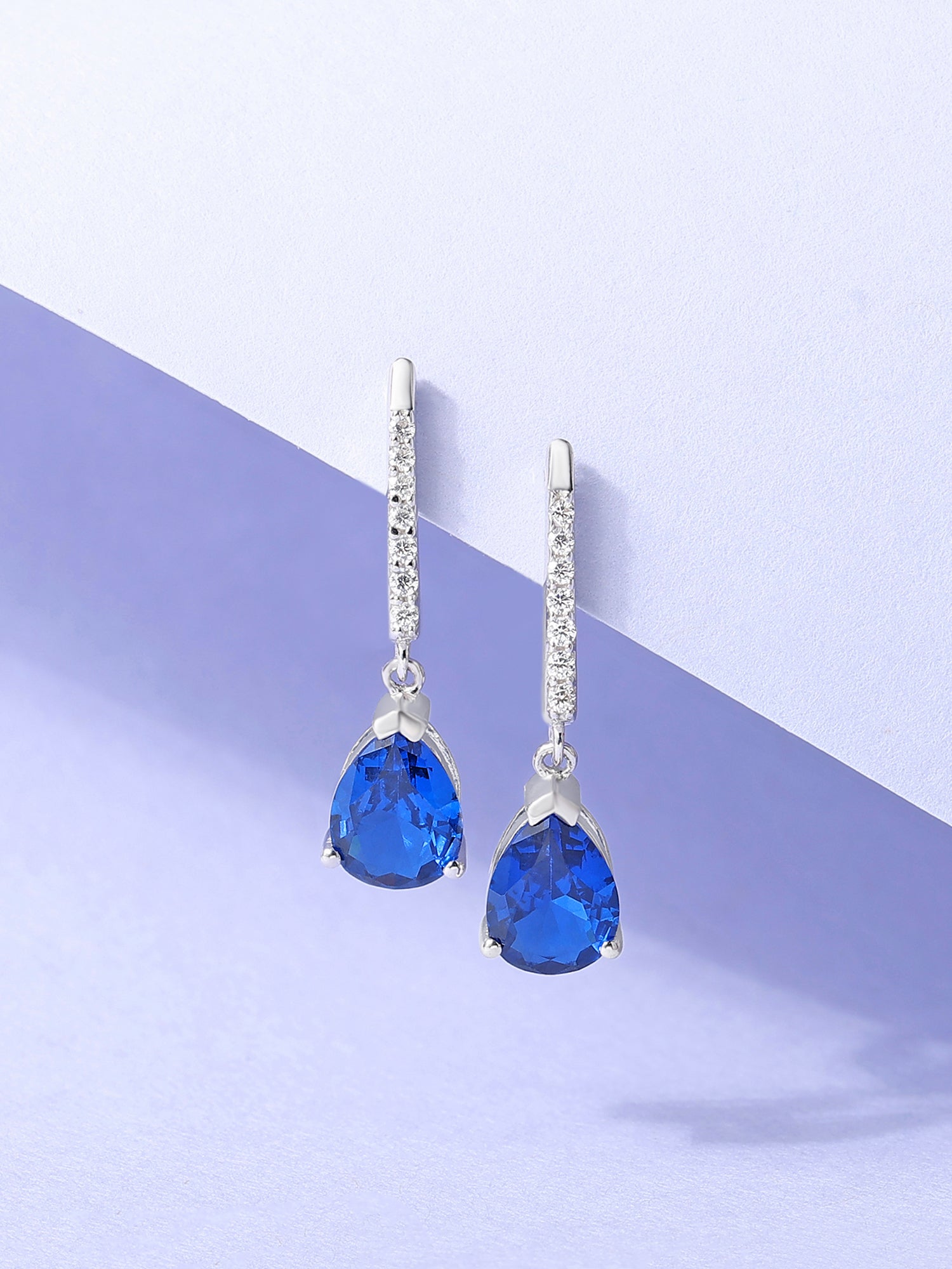 Blue Sapphire And American Diamond Dangle Earrings Made With 925 Sterling Silver-5