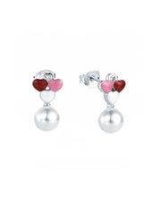 Enamelled Hearts Pearl Drop Silver Earrings