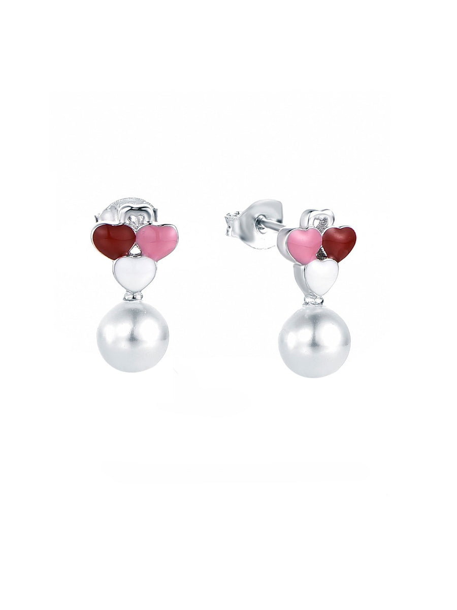 Enamelled Hearts Pearl Drop Silver Earrings