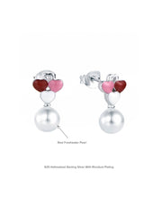 Enamelled Hearts Pearl Drop Silver Earrings