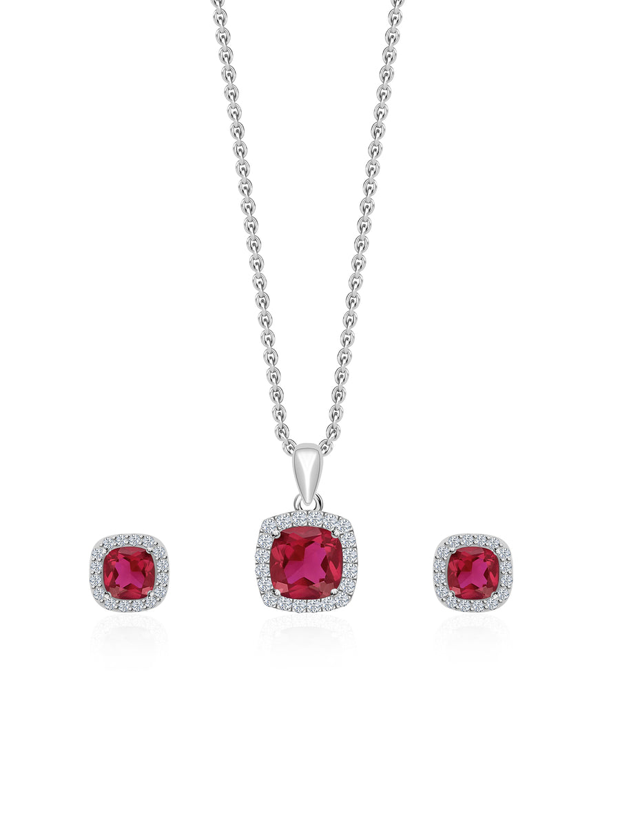 CUSHION CUT RUBY PENDANT WITH EARRINGS IN 925 SILVER-3