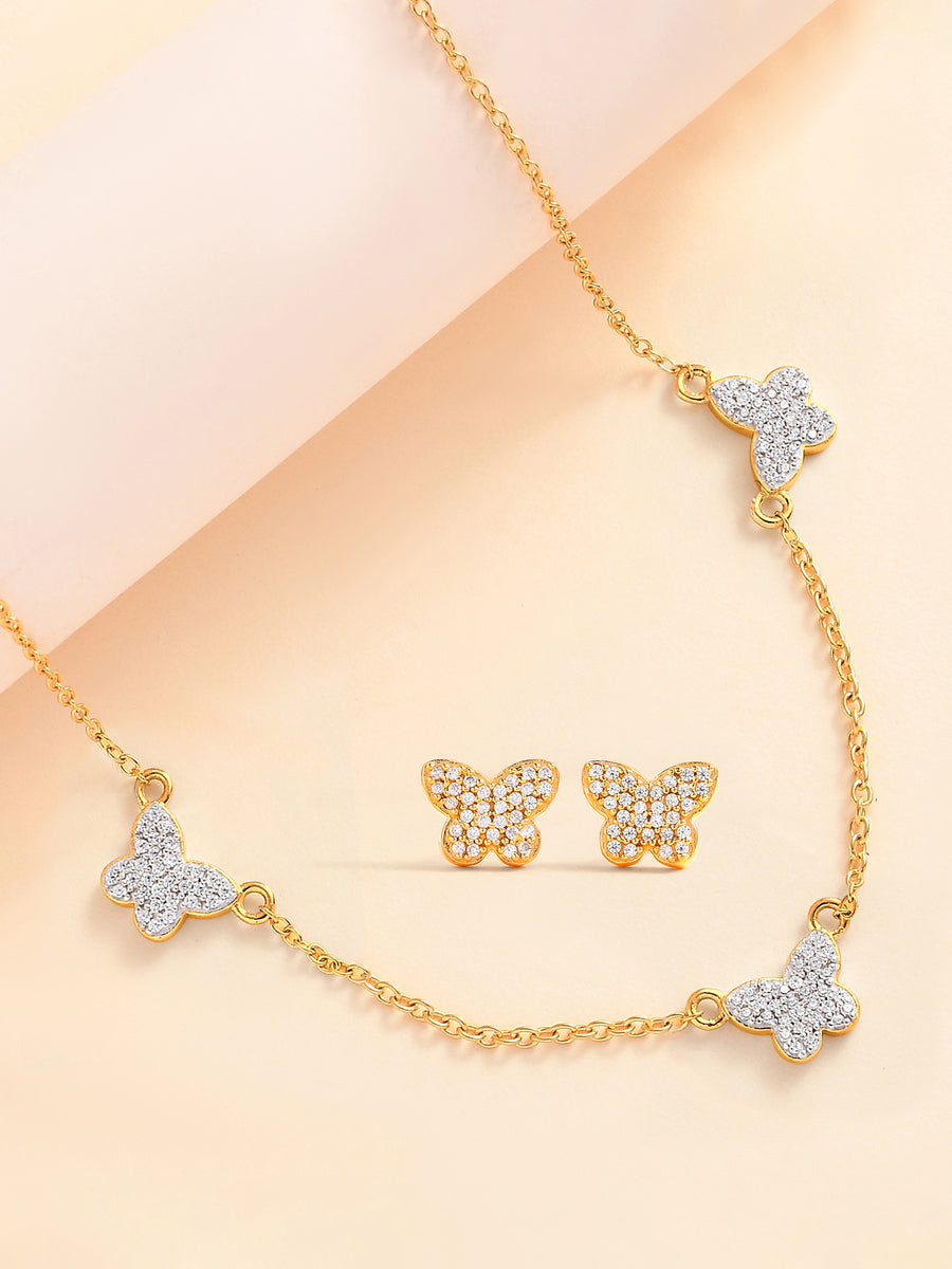 Gold Plated Butterfly Charm Necklace With Earrings For Women
