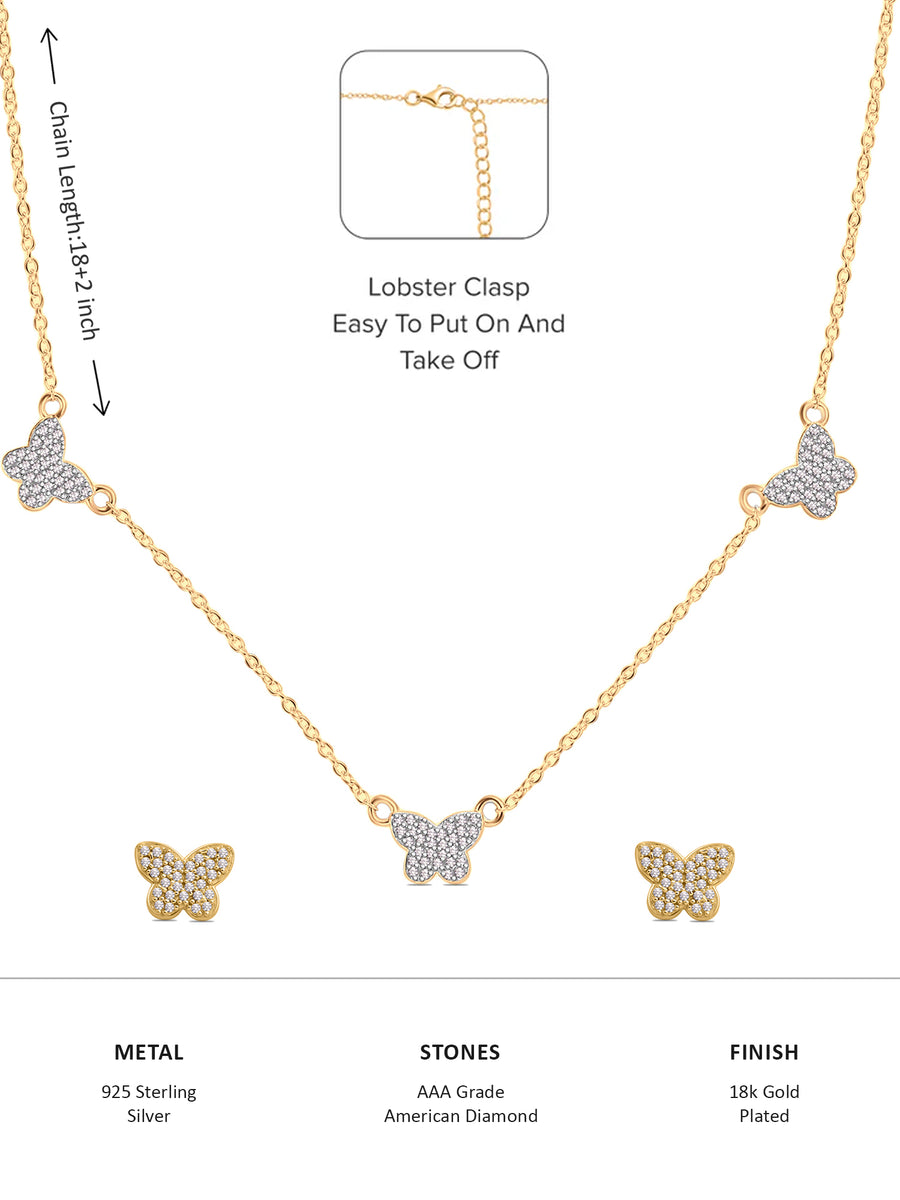 Gold Plated Butterfly Charm Necklace With Earrings For Women-3
