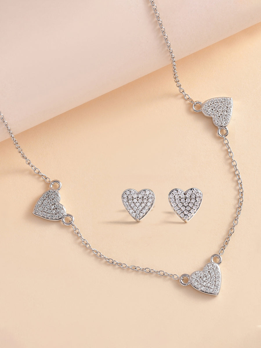 Heart Station Silver Necklace With Earrings For Women